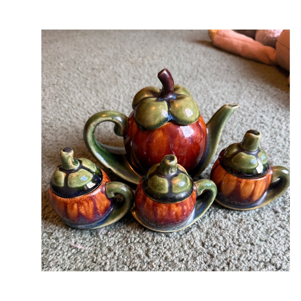 Vintage Mangosteen Ceramic Tea Set Teapot and 3 Lidded Cups Fruit Design Glazed